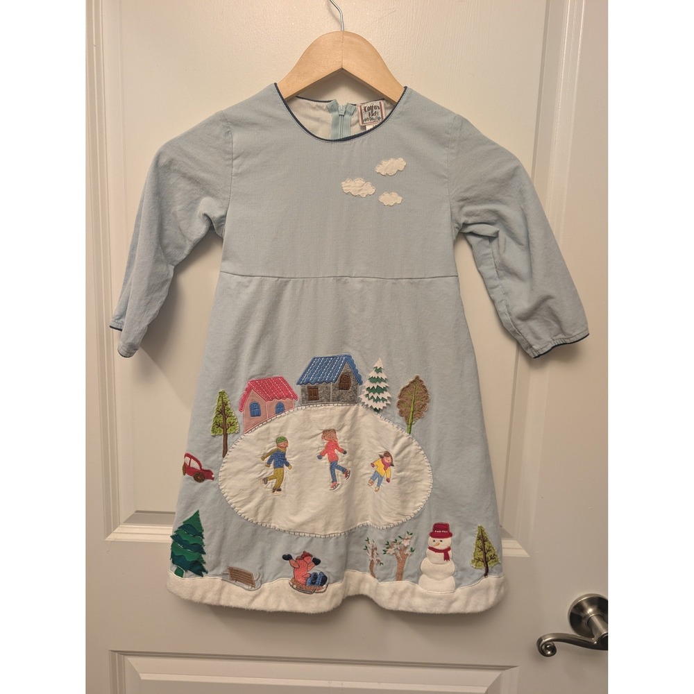 Vintage Cotton Kids Girls Corduroy Winter Ice Skating Scene Dress 6X Holidays